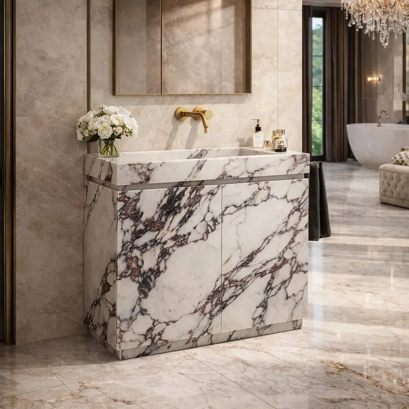 Calacatta Viola Marble Bathroom Vanity Unit, Luxury Stone Basin Cabinet, Freestanding Washstand