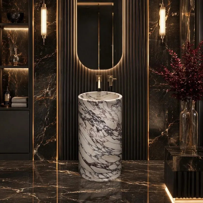 Calacatta Viola Pedestal Sink – Luxury Freestanding Stone Bathroom Basin