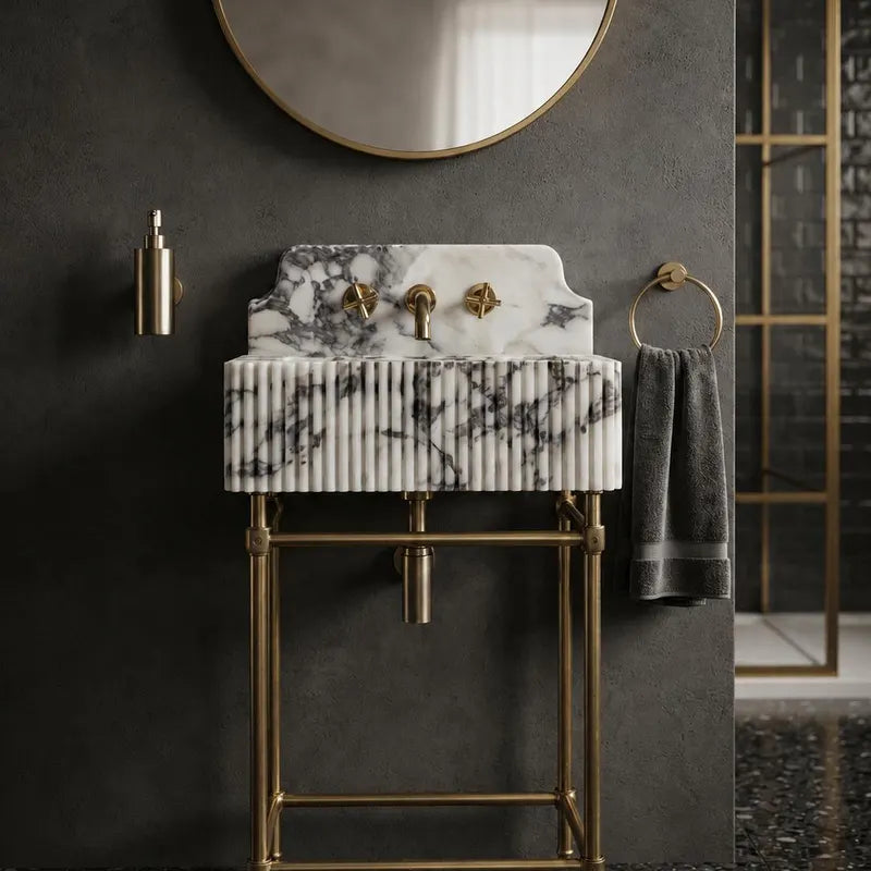 Luxury Fluted Calacatta Viola Marble Console Sink | Metal Stand Bathroom Vanity