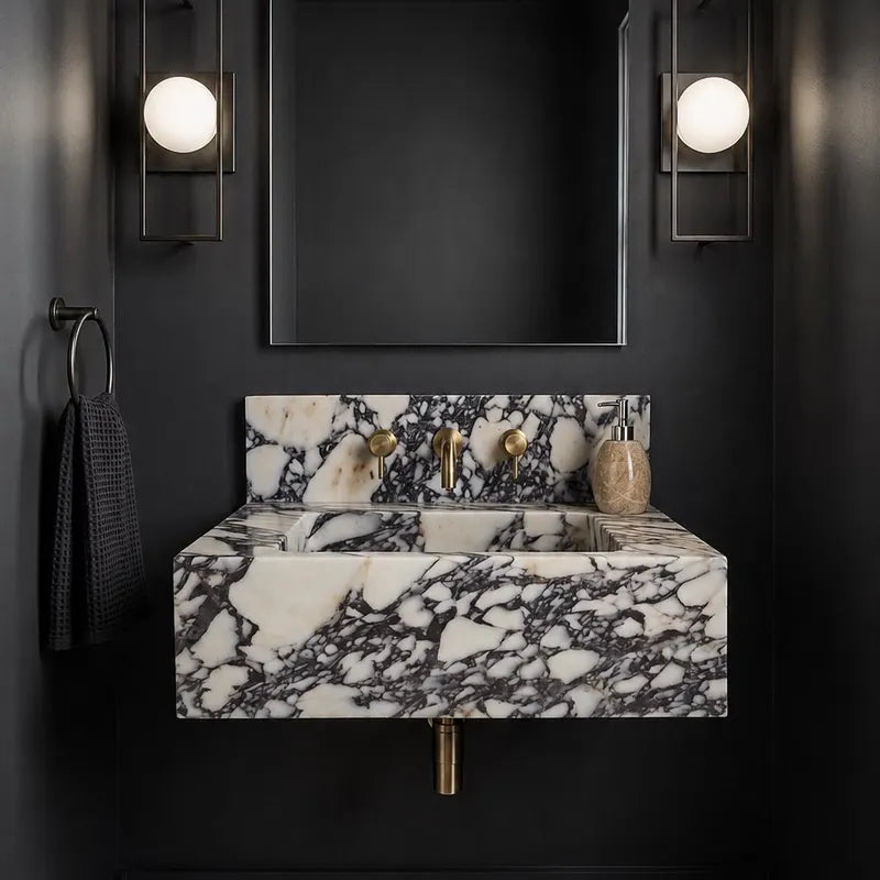 Calacatta Viola Marble Sink and Backsplash | Wall Mounted Luxury Handmade Stone Basin