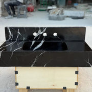 Nero Marquina Marble Wall Mounted Sink with Backsplash | Black Vanity