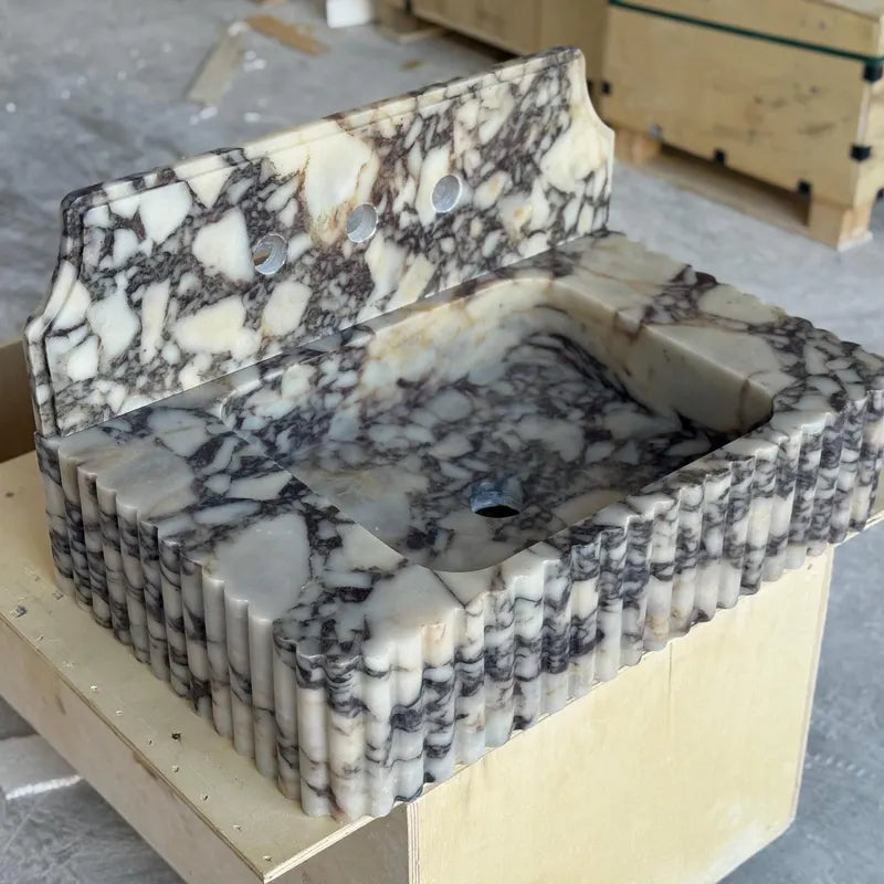Handcrafted Fluted Marble Bathroom Sink and Backsplash, Luxury Modern Stone Basin, Custom Vanity