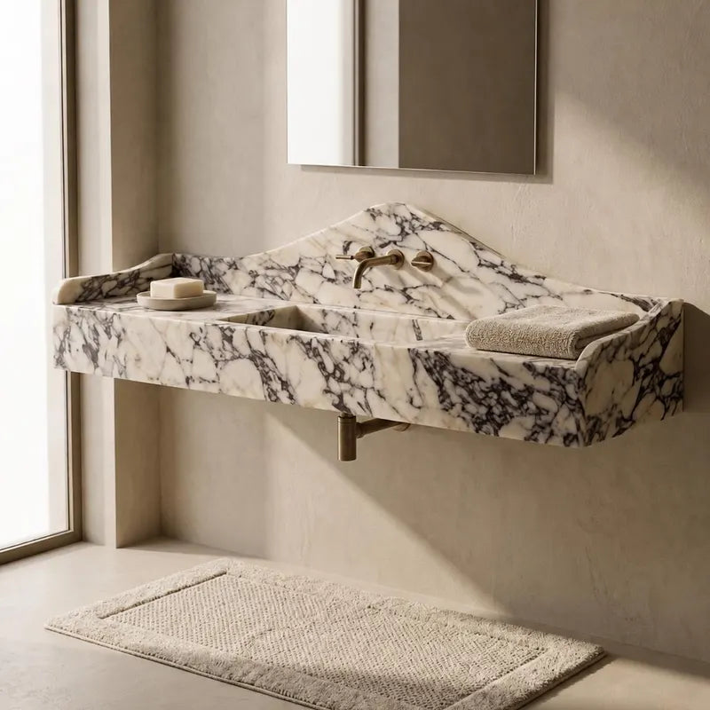 Wall Mounted Calacatta Viola Marble Sink with Backsplash – Luxury Bathroom Vanity – NCM Exclusive Collection
