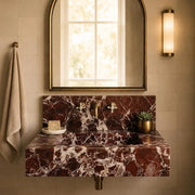 Handcrafted Rosso Levanto Marble Sink with Backsplash | Luxury Floating Wall Mounted Bathroom Vanity