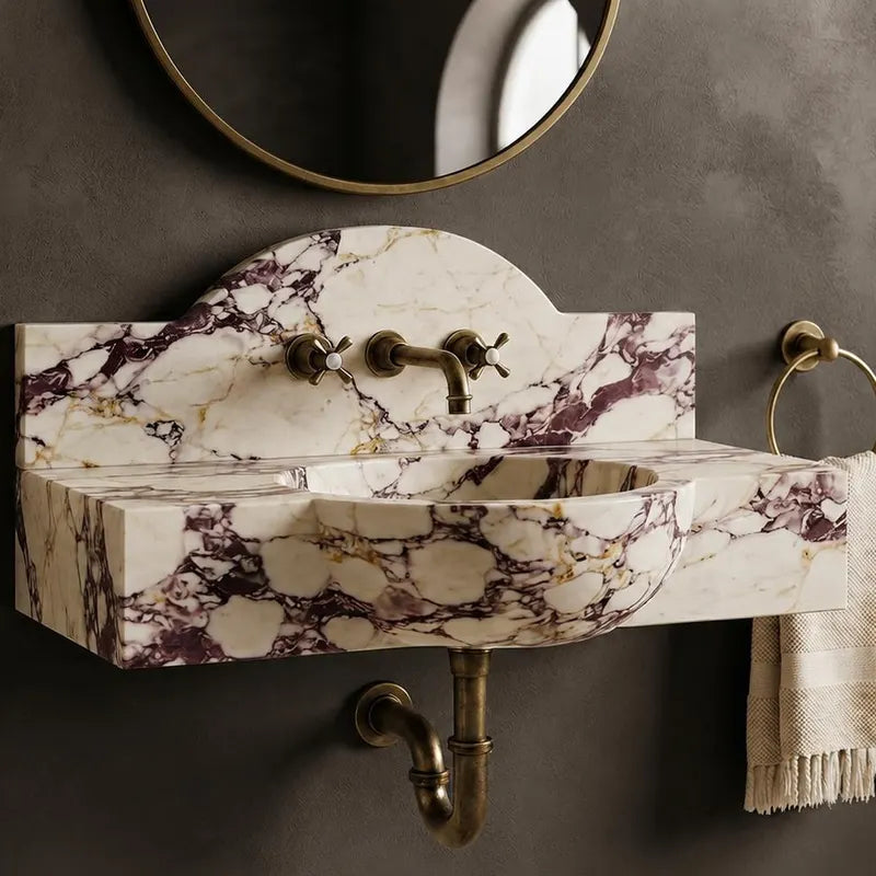 Calacatta Viola Marble Wall Mounted Sink with Backsplash | Floating Bathroom Vanity, Natural Stone Basin
