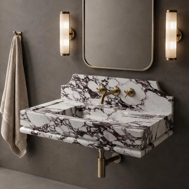 Calacatta Viola Marble Sink and Backsplash, Wall Mounted Basin, Floating Vanity