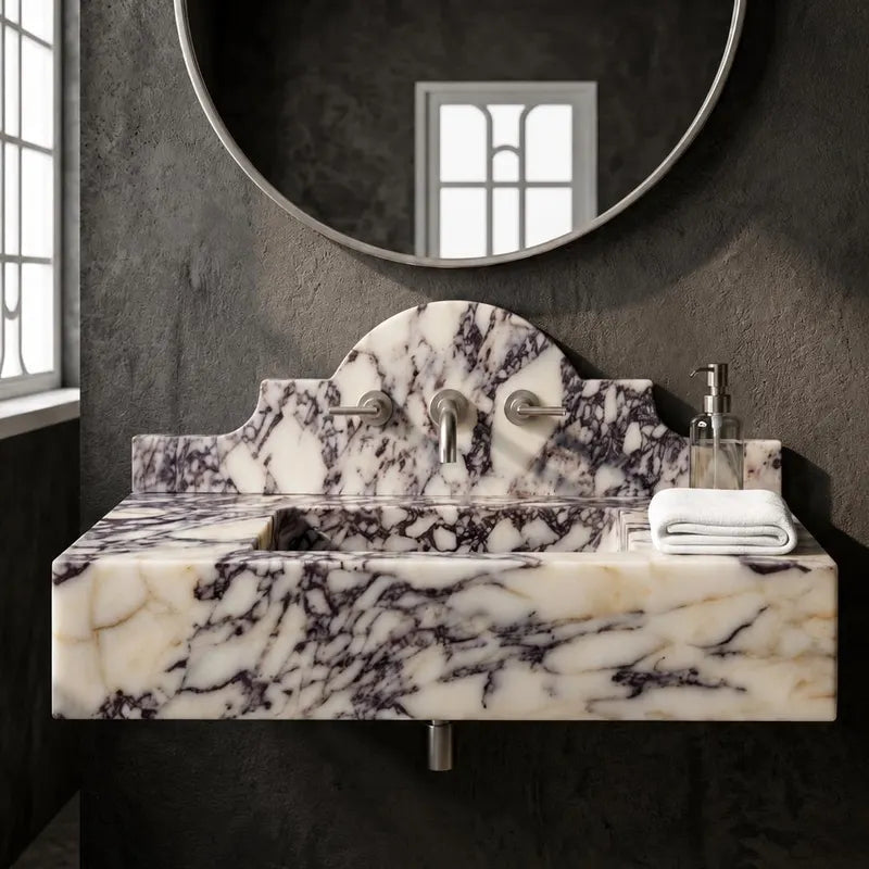 Calacatta Viola Marble Sink Backsplash – Luxury Wall Mounted Bathroom Vanity – Handmade Natural Stone Basin