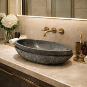 Handcrafted Black Marble Vessel Sink, Luxury Boat-Shaped Natural Stone Bathroom Basin