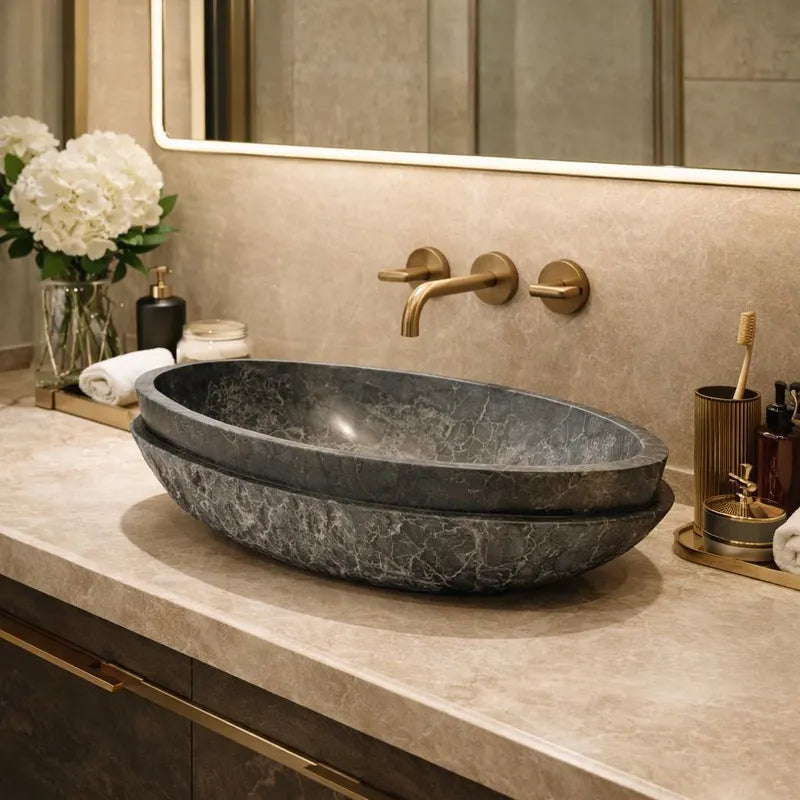 Handcrafted Black Marble Vessel Sink, Luxury Boat-Shaped Natural Stone Bathroom Basin