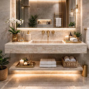Luxury Travertine Wall Mounted Sink with Shelf – Handmade Natural Stone Vanity – NCM Exclusive Collection