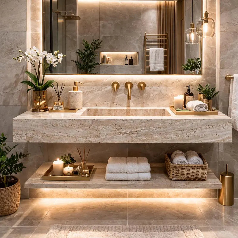 Luxury Travertine Wall Mounted Sink with Shelf – Handmade Natural Stone Vanity – NCM Exclusive Collection