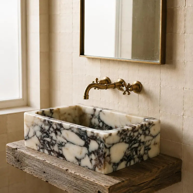 Calacatta Viola Marble Sink, Wall Mounted or Countertop Basin, Luxury Handmade Stone, Modern Bathroom