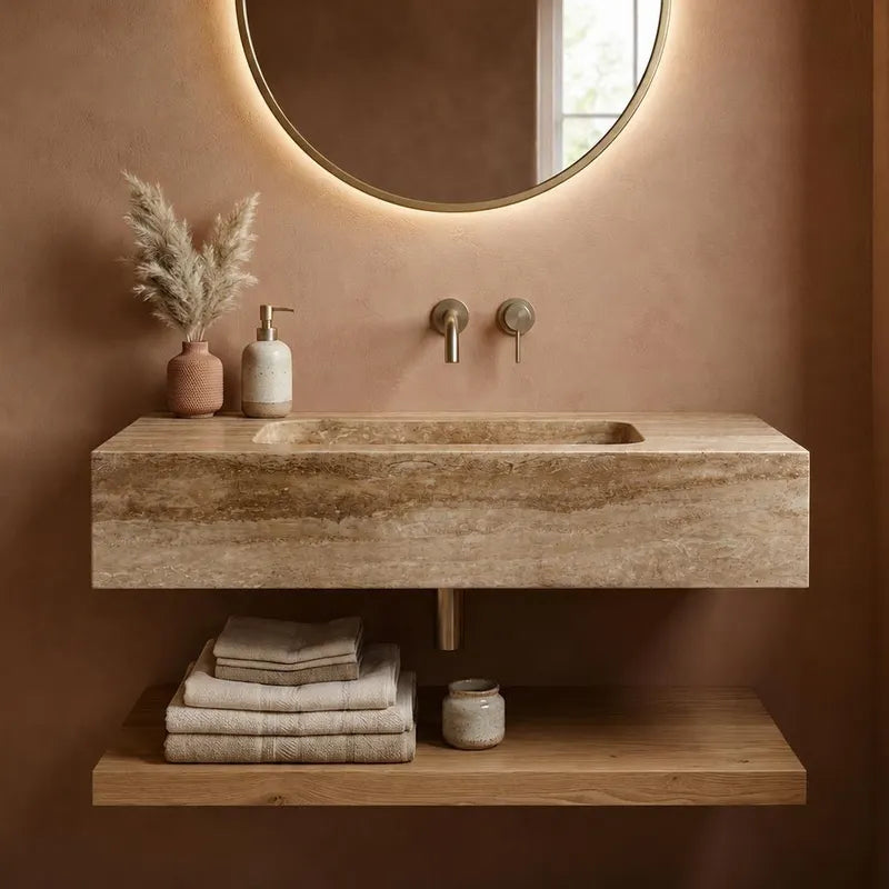 Wall Mounted Travertine Marble Sink, Natural Stone Wall Hung Basin