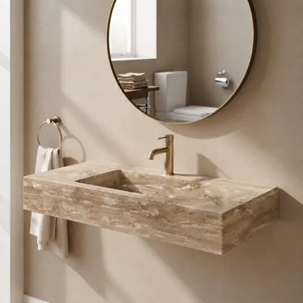 Travertine Wall Mounted Sink – Handmade Natural Stone Floating Vanity Basin