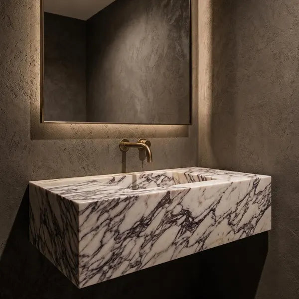 Wall Mounted Marble Sink, Custom Handmade Natural Stone Basin, Luxury Bathroom Vanity