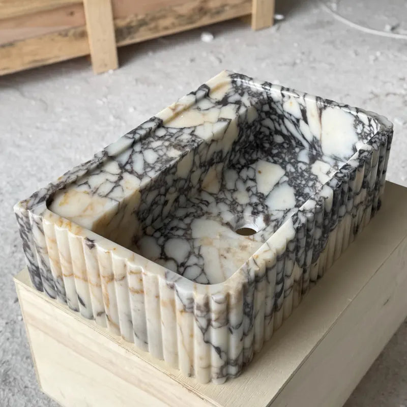 Wall Mounted Fluted Marble Sink | Handmade Natural Stone Bathroom Basin | Calacatta Viola