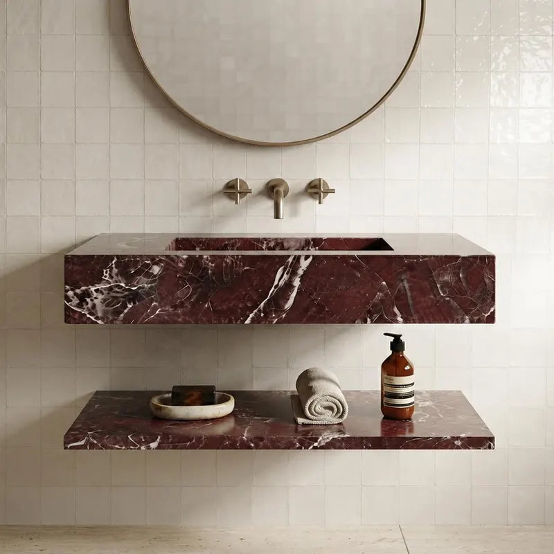 Rosso Levanto Marble Floating Sink with Shelf – Luxury Wall Mounted Bathroom Vanity