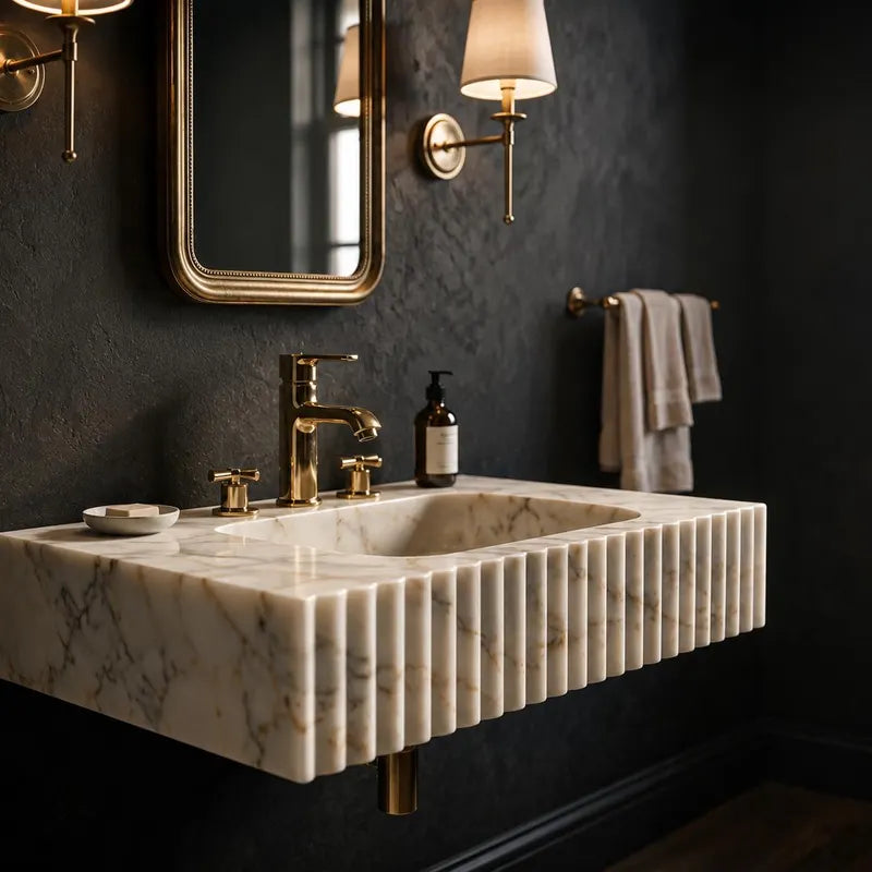 Wall Mounted Calacatta Gold Marble Sink – Fluted Floating Vanity – Custom Luxury Bathroom Basin