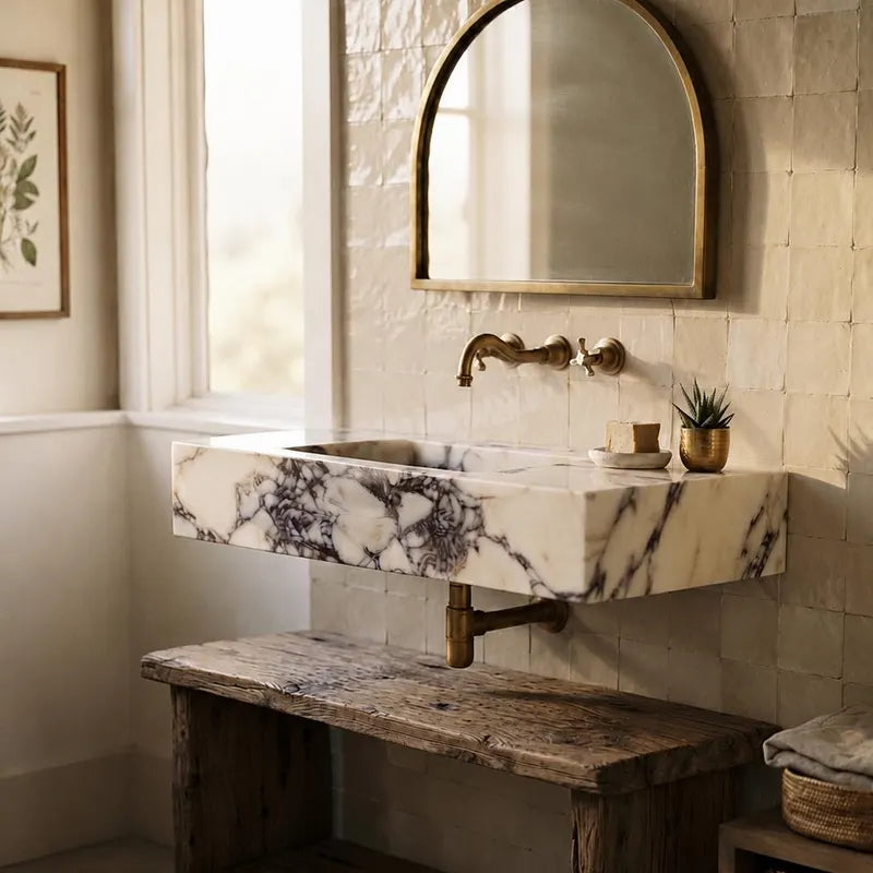 Wall Mounted Calacatta Viola Marble Sink, Luxury Floating Basin