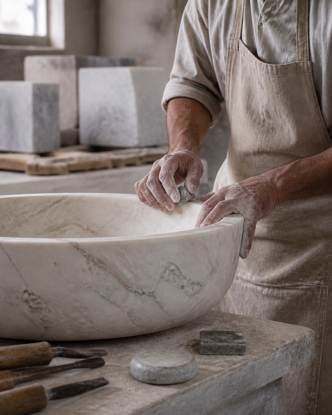 Artisan hand-finishing a marble basin