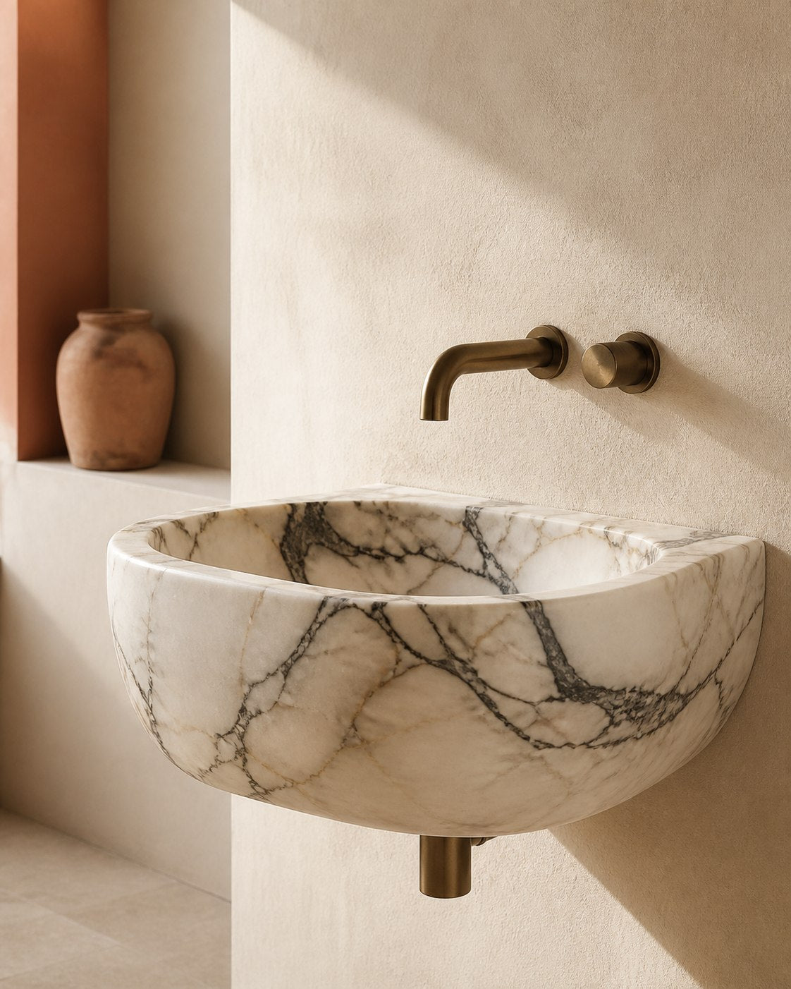 Handcrafted marble basin in a warm, minimal interior